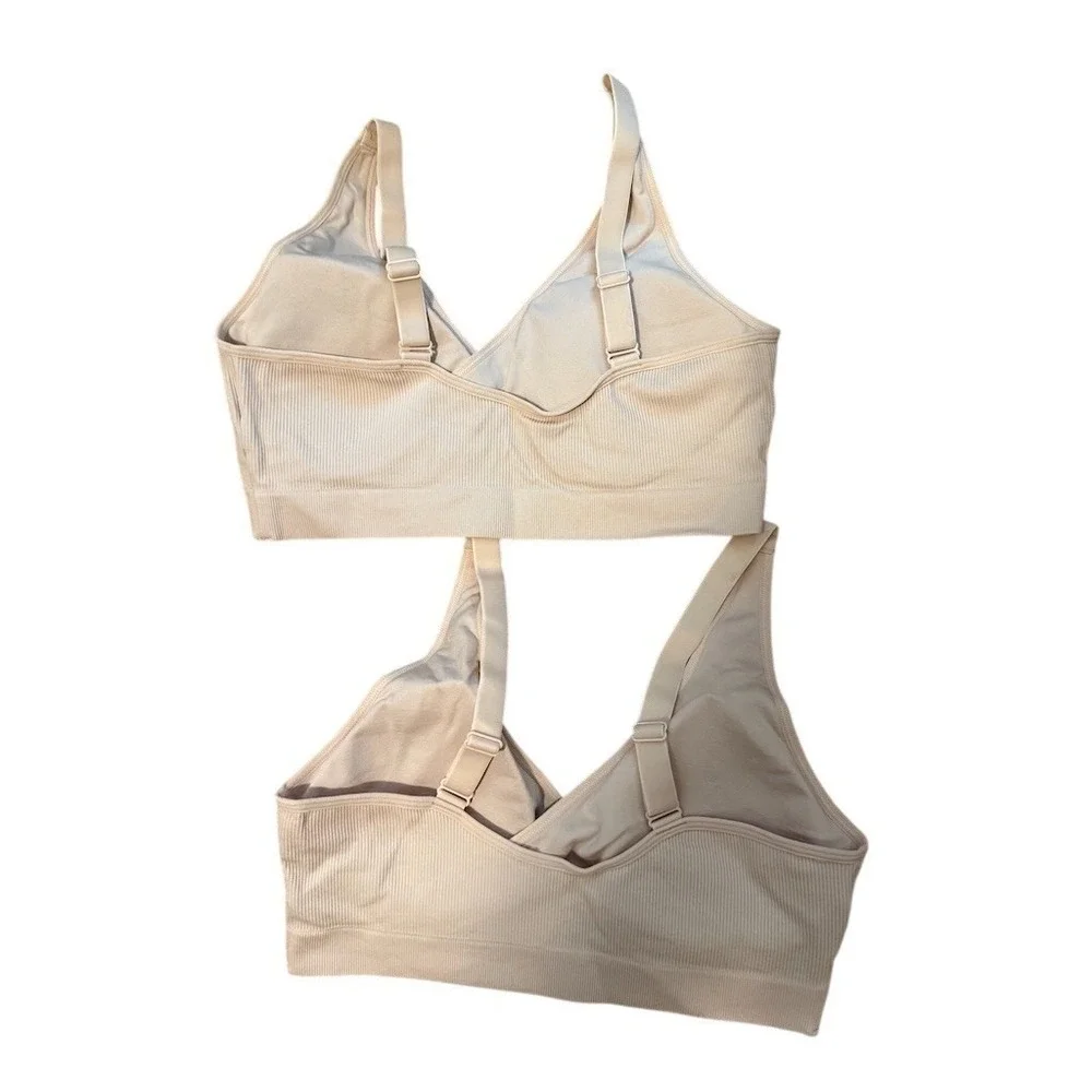 Quince Seamless Crossover Nursing & Lounge Bra (2-pack) Bralette M Beige ribbed